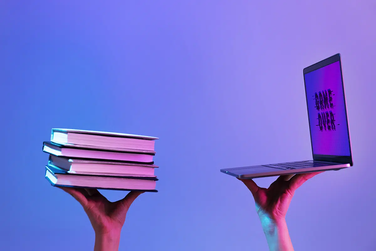 IA generando libros digitales y analizando datos en una pantalla de ordenador